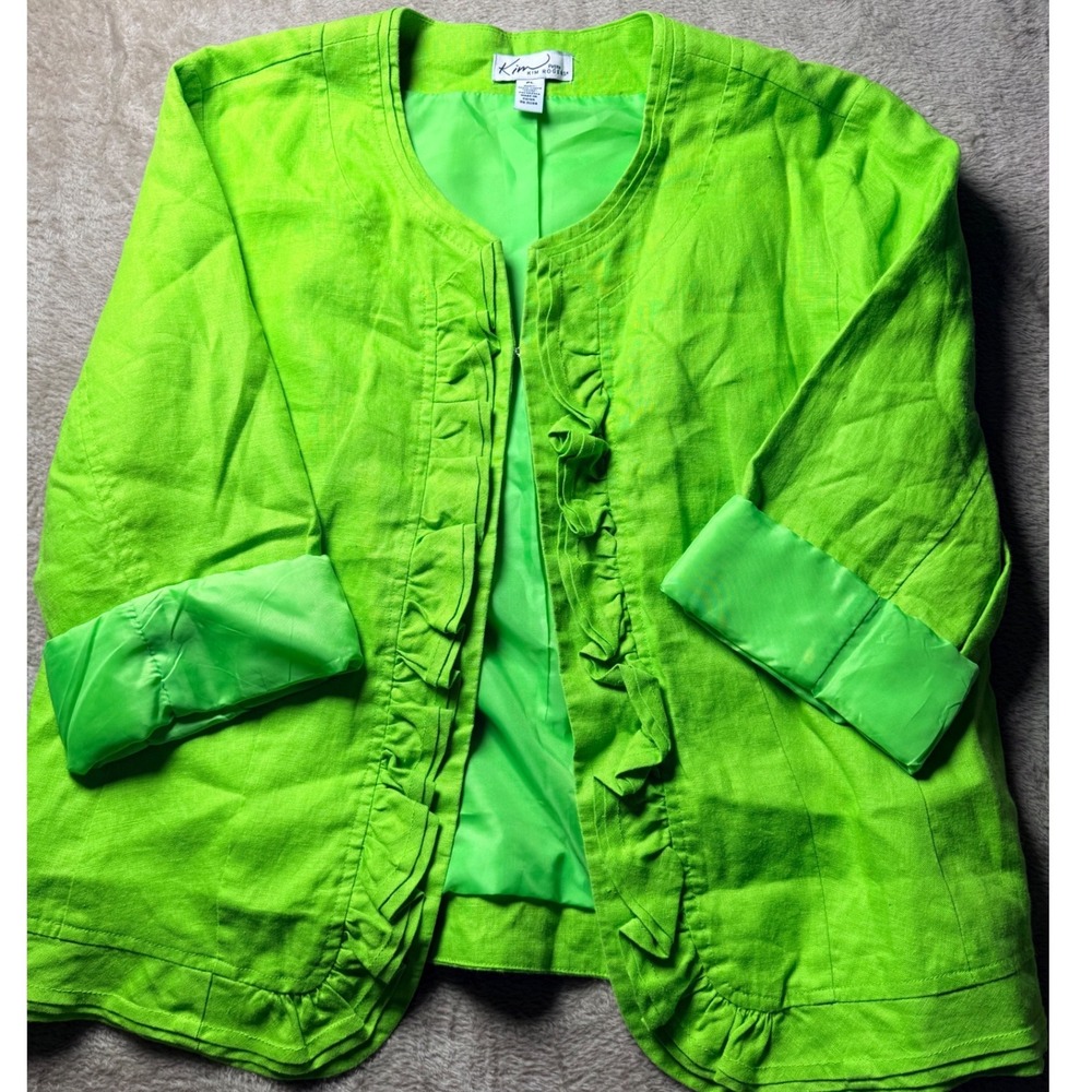 VTG Kim Rogers Petite Lime Green 100% Linen Ruffle Open Front Jacket Size PL
